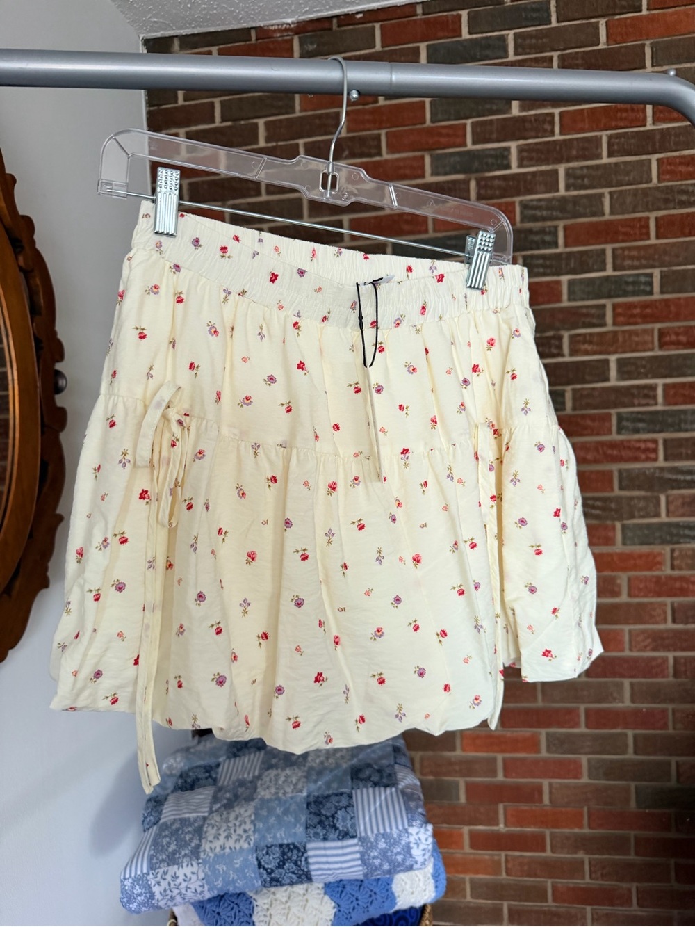 Cream Floral Bubble Hem Mini Skort